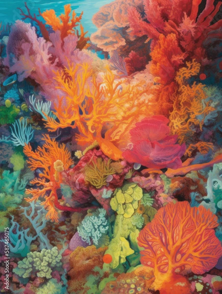 Fototapeta A kaleidoscope of colour reflects off the vibrant coral beneath the surface.. AI generation.