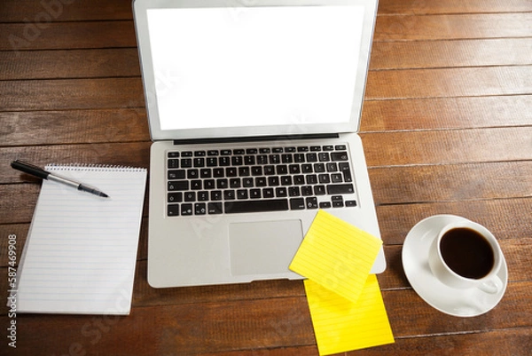 Obraz High angle view of laptop with strawberry waffle and coffee cup