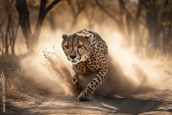 Fototapeta Cheetah running across a dusty African plain. AI generated illustration.