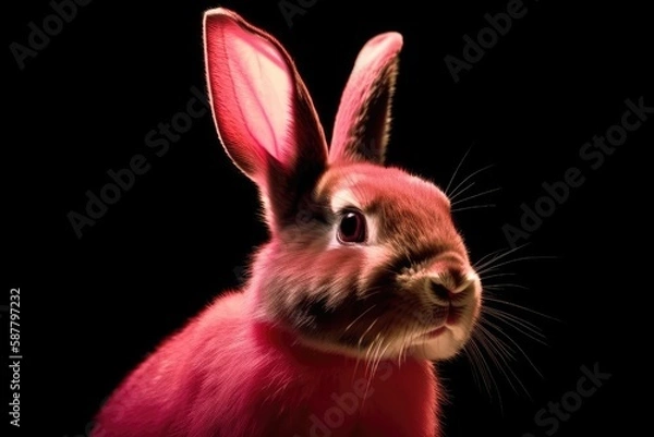 Fototapeta cute brown rabbit with pink ears on a black background. Generative AI