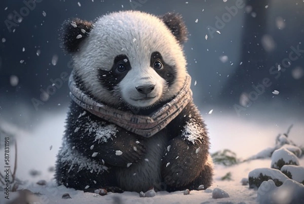 Fototapeta Cute Panda baby playing in snow winter, Generative Ai