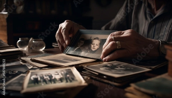 Fototapeta Old man holding book, crafting memories indoors generated by AI