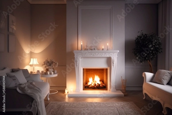 Fototapeta Modern interior design of the living room with fireplace. Super photo realistic background, generative ai illustration