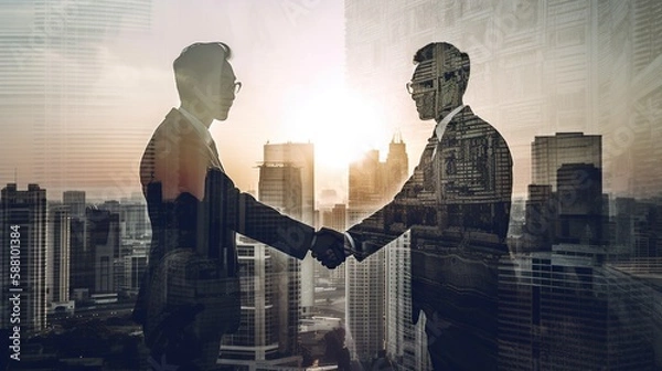 Obraz Double exposure shot of silhouettes of business team people and handshake on city background. Generative AI