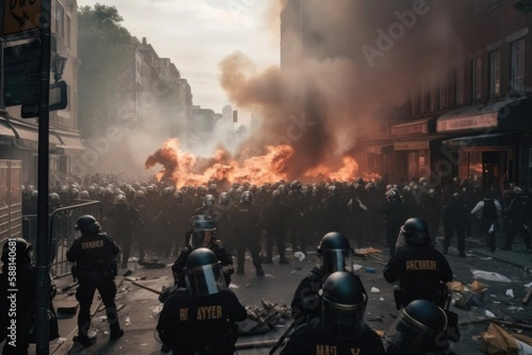 Fototapeta Officers are dressed in riot gear and are using shields and batons to push back the protesters. The scene is chaotic, with smoke and debris filling the air Generative AI
