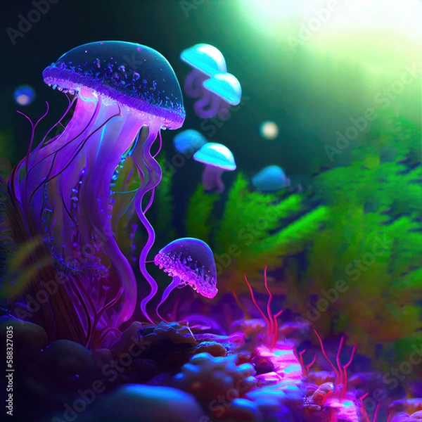 Fototapeta Beautiful jellyfish on a dark fantasy underwater background, ai generation