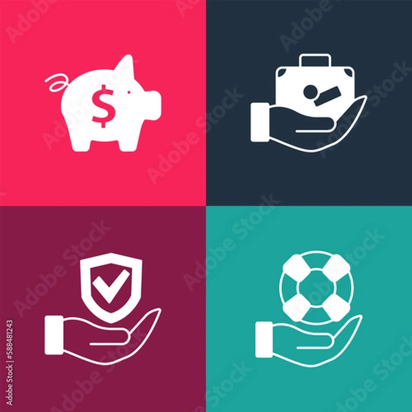 Fototapeta Set pop art Lifebuoy in hand, Shield, Travel suitcase and Piggy bank icon. Vector