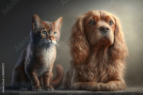 Fototapeta Dog and cat illustration. Dog and kitten concept image. Made with Generative AI