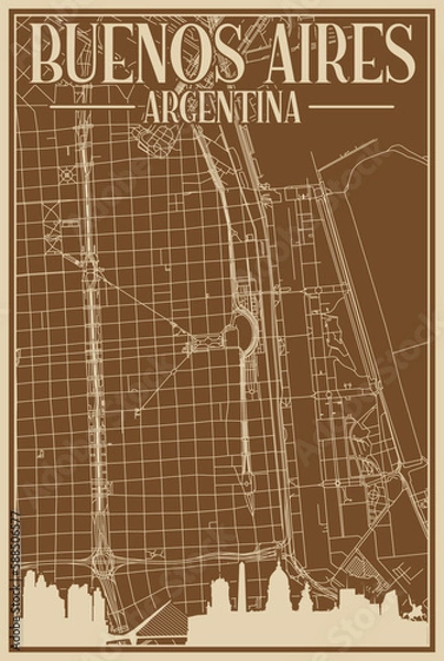 Fototapeta Colorful hand-drawn framed poster of the downtown BUENOS AIRES, ARGENTINA with highlighted vintage city skyline and lettering