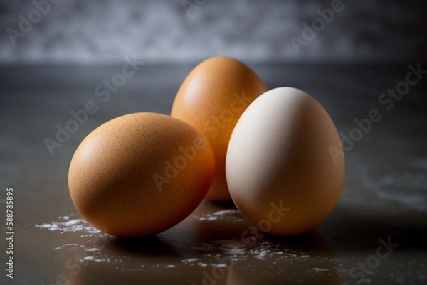 Fototapeta Chicken eggs, brown and white eggs on a table. Eggs ready to be used with flour and wheat in recipe on the table. Types of eggs used in cake preparation and various recipes.