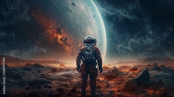 Fototapeta An astronaut standing on a planet's surface with a stunning galaxy backdrop Generative AI