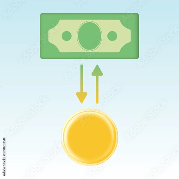 Fototapeta Exchanging banknotes and coins. Money exchange. Banknote transfer to coin for payment. 3D vector illustration isolated on blue background.