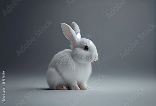 Obraz Cute little white bunny on grey background, generative ai