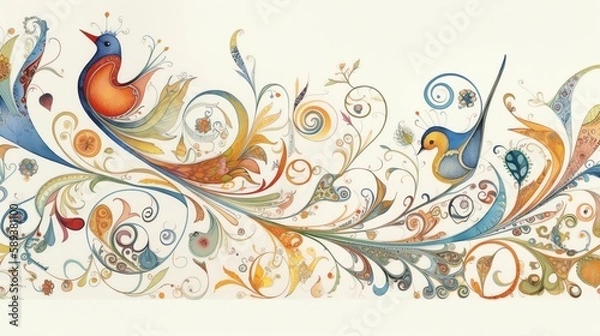 Fototapeta Whimsical Bird Decorated White Page Background, Made with Generative AI