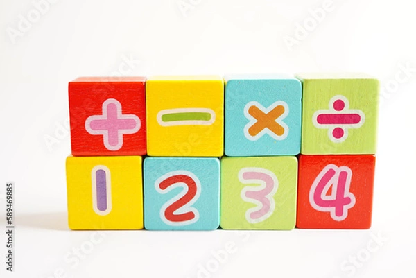 Fototapeta Number wood block cubes for learning Mathematic, education math concept.