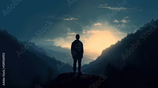 Fototapeta silhouette of a person in the mountains at sunrise created with Generative AI technology