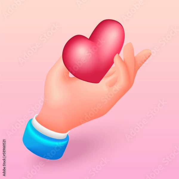 Fototapeta Trending 3D Isometric, cartoon icon. Business Hand holding red heart. Illustration template for charity, help, supporting, work of volunteers. Vector illustration