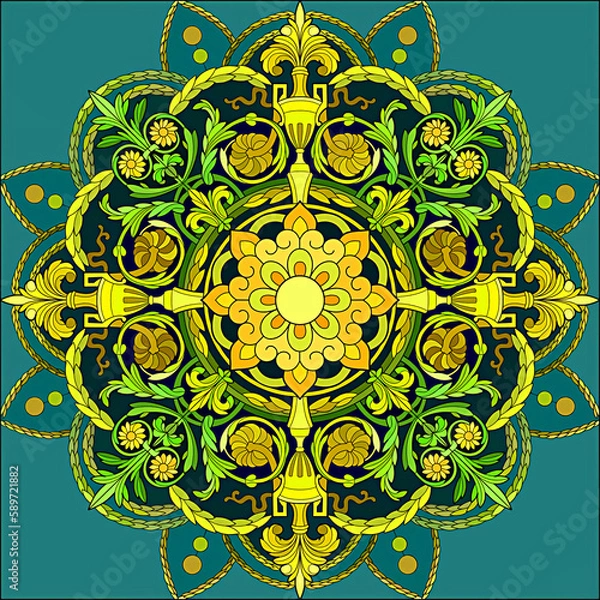 Fototapeta mandala in the shape of a flower with a mix of colors, yellow, orange, green and black 