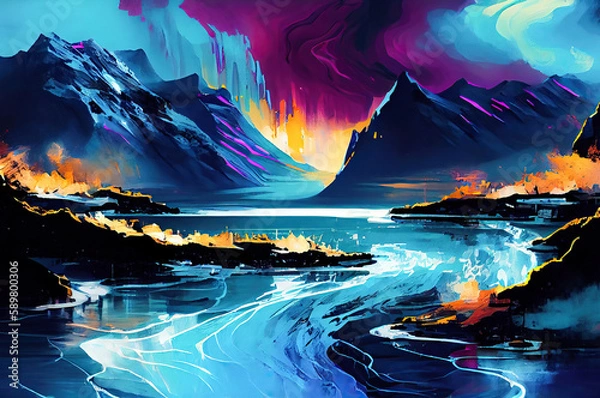 Fototapeta landscape with mountains and clouds,abstraction  Colorful illustrations of mountain peaks