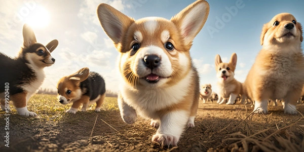 Fototapeta Corgi puppies in summer park created with ai generative technology