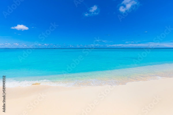 Fototapeta Sunny beach landscape. Relaxing beachfront sand sea waves blue sky horizon. Tranquil freedom Mediterranean tropical nature background. Peaceful happy seascape horizon. Summer travel closeup sunlight