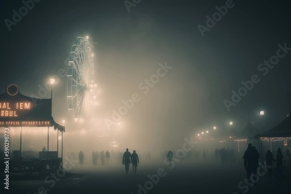 Fototapeta A moody and atmospheric carnival landscape with a dense fog, giving the impression of a mystical and otherworldly experience. Generative AI