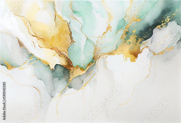 Fototapeta Abstract Marble Alcohol Ink Green Yellow Gold Watercolor Background