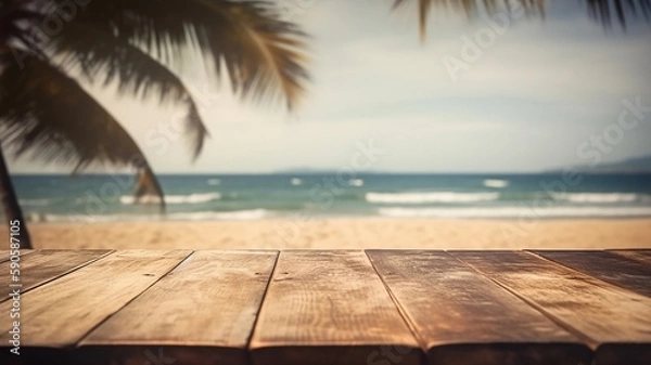 Fototapeta Empty wood table in front of blue sky on summer sea with palm leaf blurred bokeh background concept image for product commercial ad Generative AI