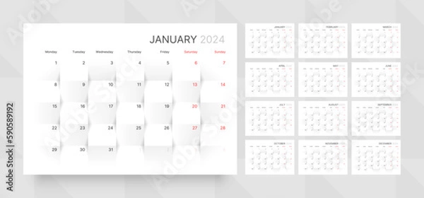 Fototapeta Monthly calendar template for 2024 year. Planner diary with 3d paper background. Week Starts on Monday. 