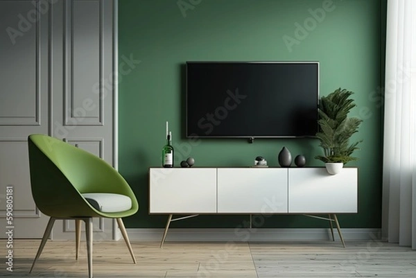 Fototapeta cozy living room with green wall paint and a modern flat screen television. Generative AI