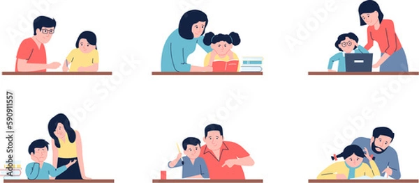 Obraz Parents reading and support teaching child. Mother or teacher, family doing homework together. Adults explain to children, recent vector education scenes