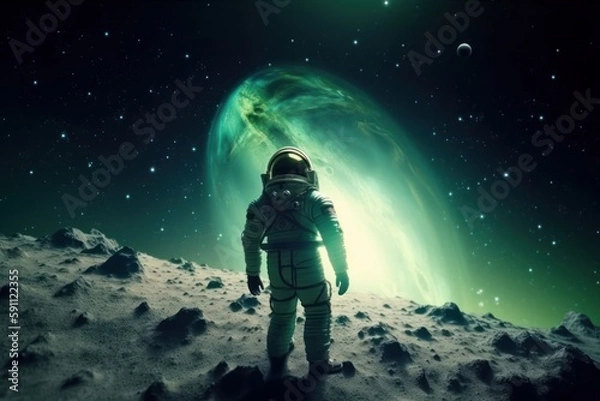 Fototapeta Standing and looking at the view. Cosmonaut in the space suit. Beautiful illustration picture. Generative AI