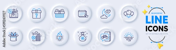 Fototapeta Accounting, Heart flame and Ice creams line icons for web app. Pack of Shopping bags, Travel loan, Love night pictogram icons. Gift, Secret gift, Sunrise signs. Hat-trick, Bike app, Santa sack. Vector