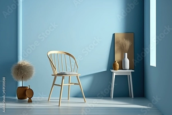 Fototapeta serene blue interior with minimalistic decor. Generative AI