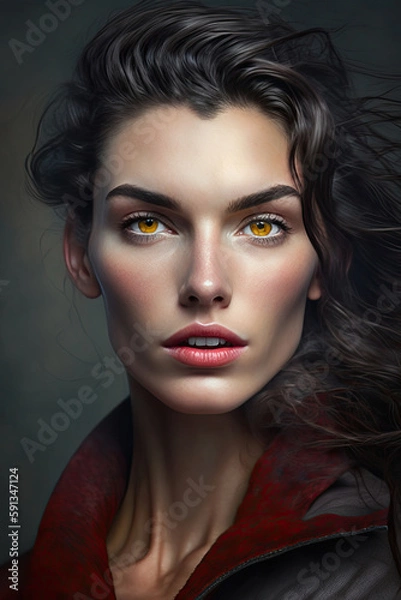 Fototapeta young woman with long black hair and yellow eyes created with Generative AI technology