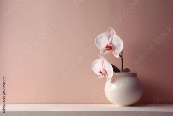 Fototapeta  a white vase with a pink flower on a shelf in front of a pink wall and a pink wall in the background with a white vase with a pink flower in the middle.  generative ai