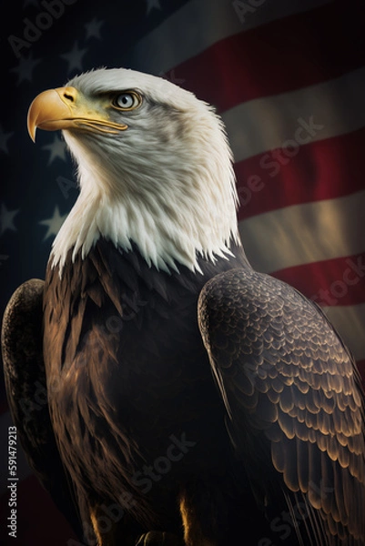 Fototapeta American bald eagle on the background of the flag of the United States. Patriotic illustration of USA symbol. generated by ai