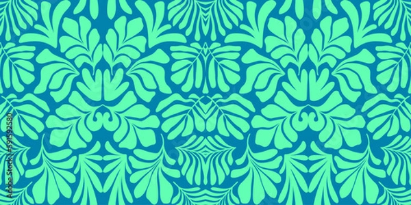 Obraz Turquoise blue abstract background with tropical palm leaves in Matisse style. Vector seamless pattern.