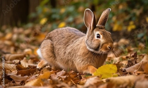 Fototapeta  a rabbit is sitting in the leaves in the woods,.  generative ai