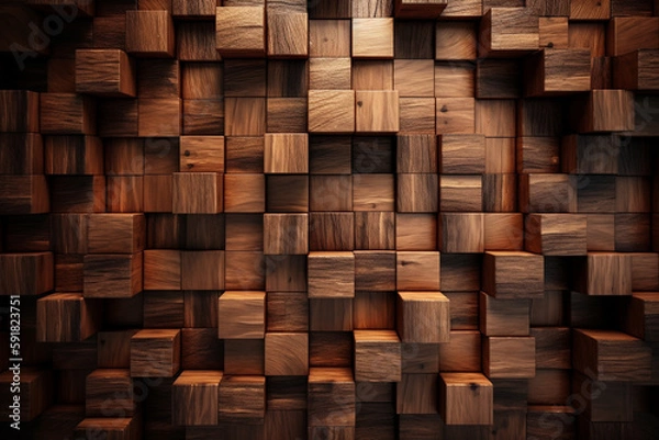 Fototapeta Creative 3d wooden wall surface with square tiles texture cubes brown background