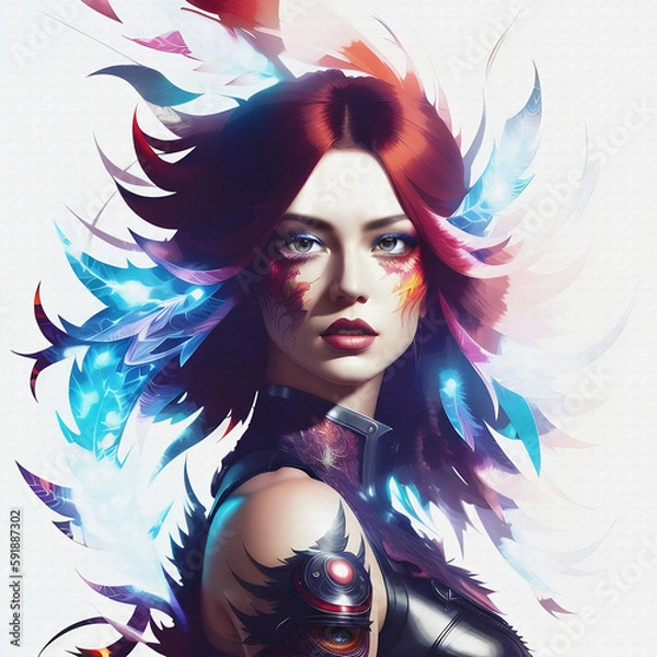 Fototapeta WOMAN POWER - powerful girl / woman, very strong look, POSTER - MURAL SERIE - READY TO PRINT- digital art, colorful, poster, illustration, Wall digital Image, picture. PS & generative AI.