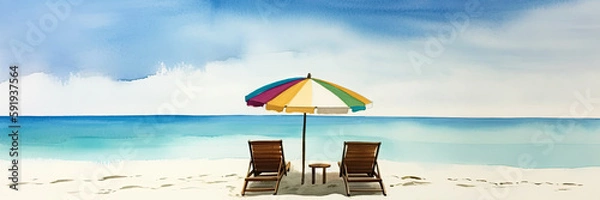 Fototapeta Beautiful beach banner. White sand, chairs and umbrella travel tourism wide panorama background concept. Amazing beach watercolor landscape watercolor painting