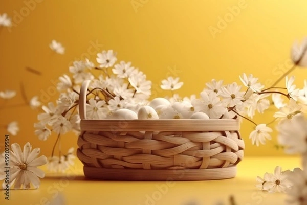 Fototapeta  a basket filled with white eggs sitting on top of a table next to flowers and a yellow background with white flowers on it and a yellow background.  generative ai