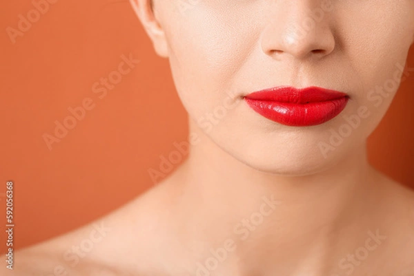 Fototapeta Woman with red lips on color background, closeup