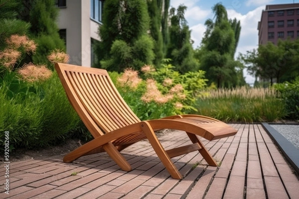 Fototapeta Empty brown wooden deck chair or chaise longue on tile among decorative grass and flowers in recreation area. Garden landscape with chairs in city park. Created with Generative AI