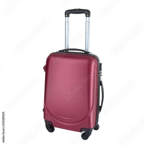 Fototapeta Side view of purple suitcase isolated on transparent background, large polycarbonate baggage case, huge plastic travel bag