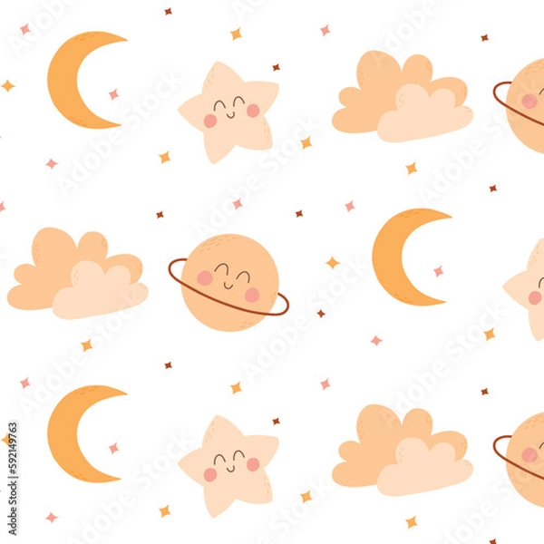 Fototapeta Childish seamless pattern with moon, planet, star and clouds. Vector illustration. Space print in boho style. Pattern for pajamas.