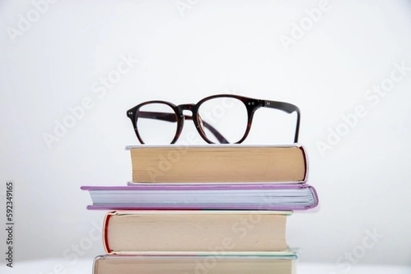 Fototapeta Closeup shot of different sizes of books on top of each other on a white table