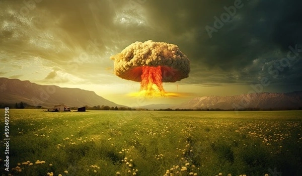 Fototapeta Nuclear Art. A nuclear bomb with orange cloud sitting above a field of flower at the back of a house. Generative AI