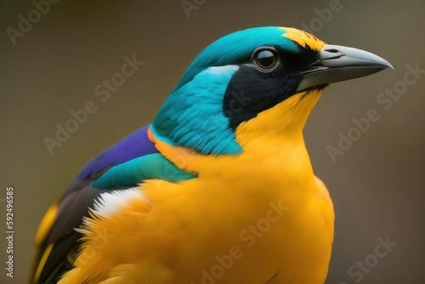 Fototapeta Golden breasted Starling bird in the treetops in a tropical rainforest, Amazon of Brazil. Wildlife concept of ecological environment. Generative AI